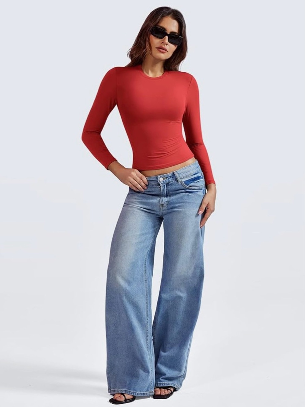 Women Red Long Sleeve Basic Fitted Crewneck Top - Spandex and Polyester